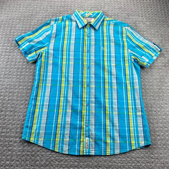 Penguin Shirt Men Large L Teal Yellow Blue Plaid Button Up Casual Polo Classic - Picture 1 of 10
